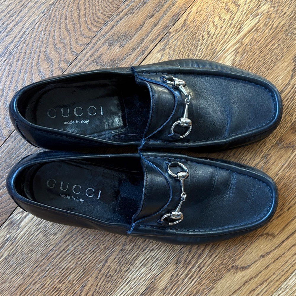 Gucci Black Leather Loafers with Silver Accents